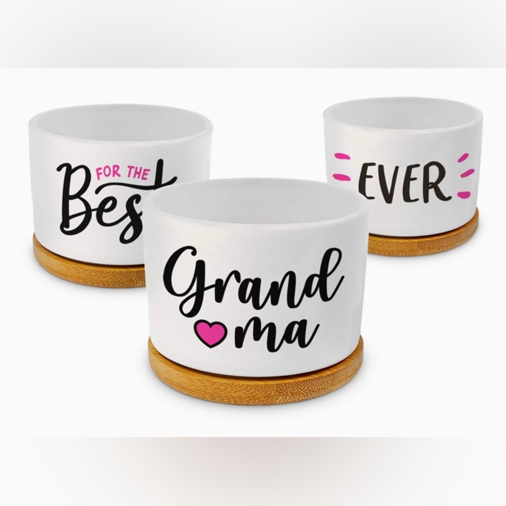 Planters for grandma- ceramic pots with bamboo coasters and drainage holes